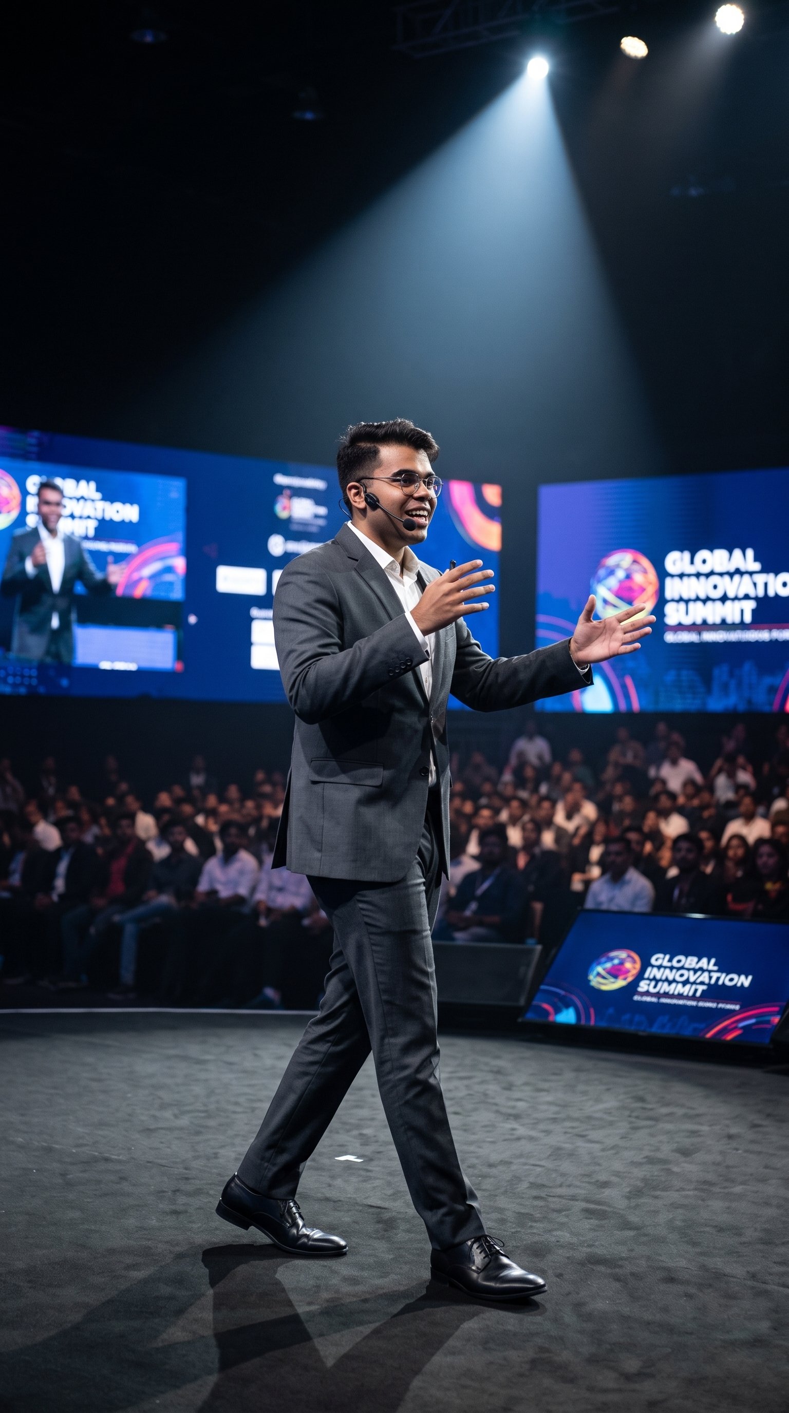 Yash Mehta speaking on stage at a keynote event